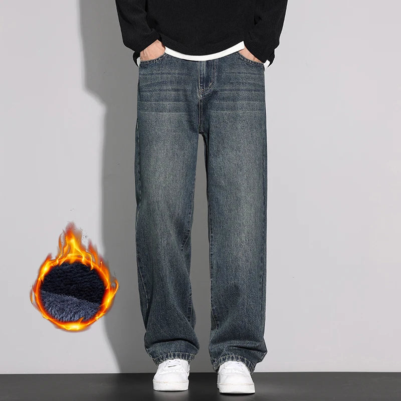 Fleece Jeans Men's Winter Fashion Straight Loose Thick Fleece Trousers Casual Vintage Streetwear Male Warm Plush Denim Pants