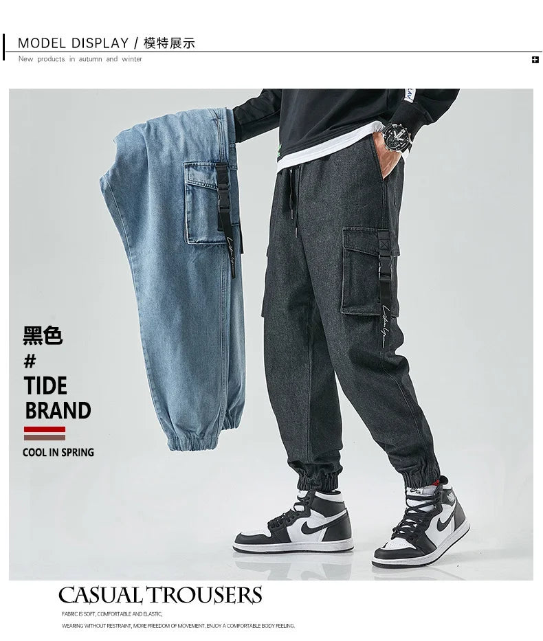 Men Joggers Cargo Denim Pants Baggy Harem Japanese Streetwear Styke Male Ankle Harajuku Casual Hip Hop Jeans Trousers Men