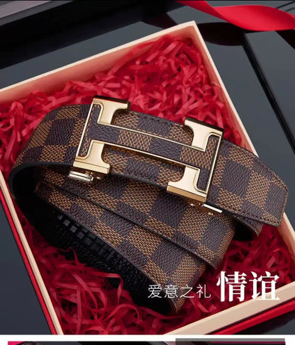 Check Pattern Leather Belt Automatic Buckle Young Fashion Casual Belt Trendy Ins Top Grain Cowhide High End Business