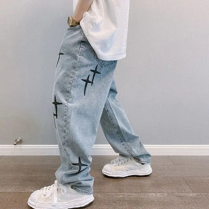 Men's 2023 New Streetwear Baggy Wide Leg Jeans Ko Print Pattern Comfortable Fit Casual Trousers for Men