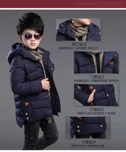 5-14 Years Big Boys Jacket Winter Thicken Warm Teenager Kids Jacket Fashion Long Style Zipper Hooded Children Outerwear Clothing