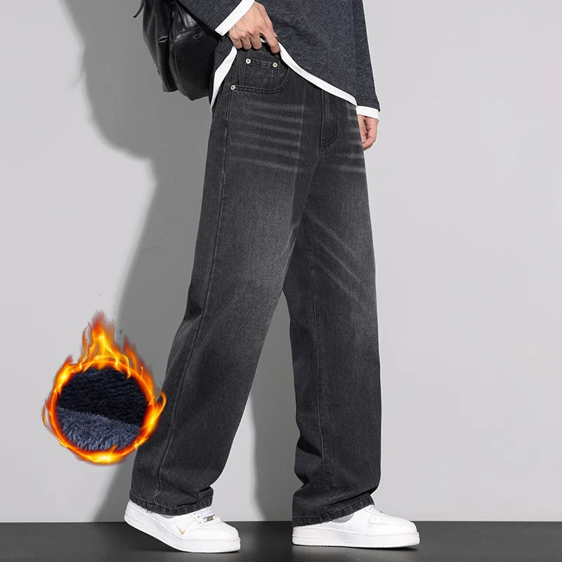 Fleece Jeans Men's Winter Fashion Straight Loose Thick Fleece Trousers Casual Vintage Streetwear Male Warm Plush Denim Pants