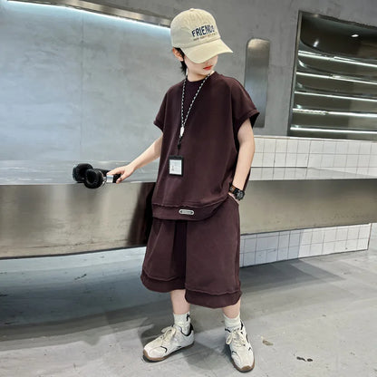 Boys' Summer Outfit Set 2025 New Style Children's Summer Short Sleeved Sportswear Vest Fashionable Boys' Thin Design