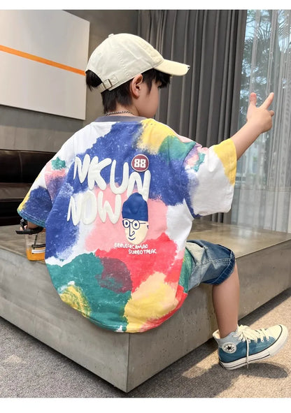 Summer Boys T-shirt High Quality Sweat Wicking Breathable Top Digital Spray Printed Children's Clothing High Street Kids Clothes