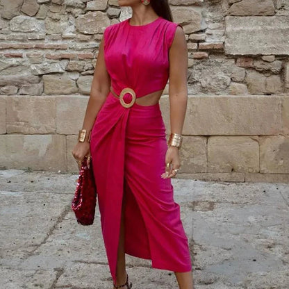 Elegant Sleeveless O-neck Party Dress Summer New High Waist Hollow Out Halter Dress Fashion Slim Solid Color Split Evening Dress