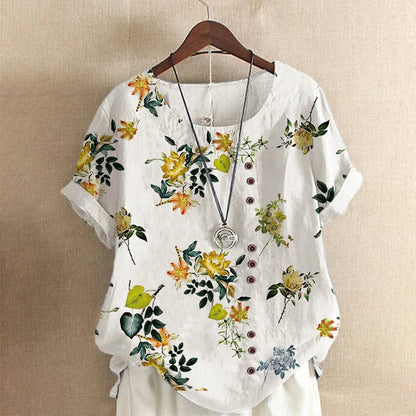 2026 New Women's Casual Blouse Loose Fit Crew Neck Short Sleeve Floral Print Top for Office Dating Daily Wear