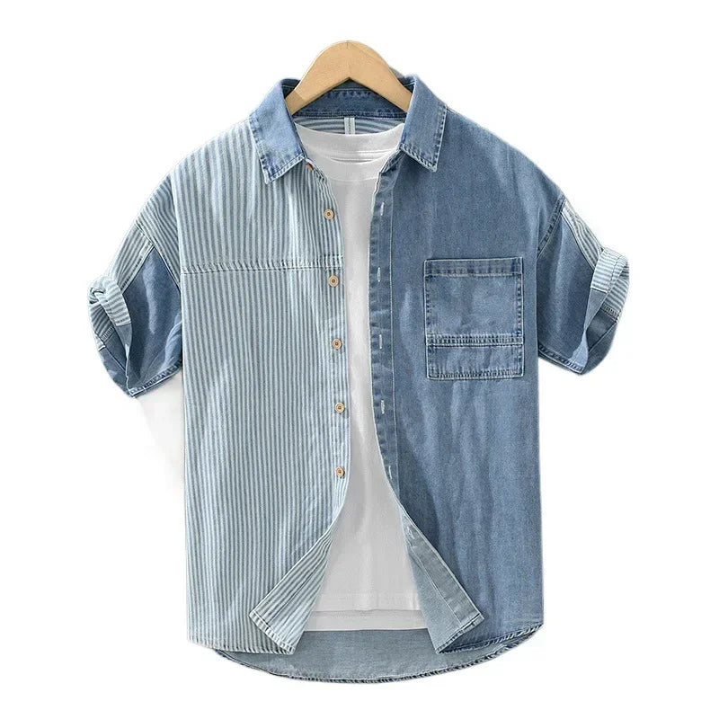 Summer New Short Sleeve Denim Shirt Men High Street Jean Tops Stripe Patchwork Designer Shirts Youth Korean Fashion Men Clothing