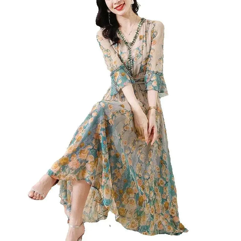 High End Silk Chiffon Dress 2025 Summer Loose Temperament Socialite French Waist Cinched Floral Seven Quarter Sleeve Long Skirt