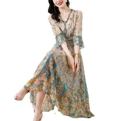 High End Silk Chiffon Dress 2025 Summer Loose Temperament Socialite French Waist Cinched Floral Seven Quarter Sleeve Long Skirt