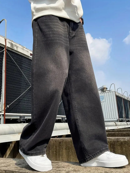 1Pc Men's Daily Travel Casual American Street Loose Jeans, Black, Light Blue, Sea Blue Fashion Street Style Retro Lantern Jeans Jeans Denim Pants