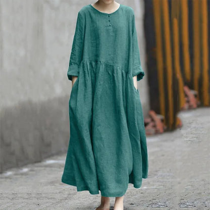 Women Cotton Linen Asymmetrical Loose Long Dress Autumn O-neck Long Sleeve Pocket Baggy Party Dresses JYFS-HS6144