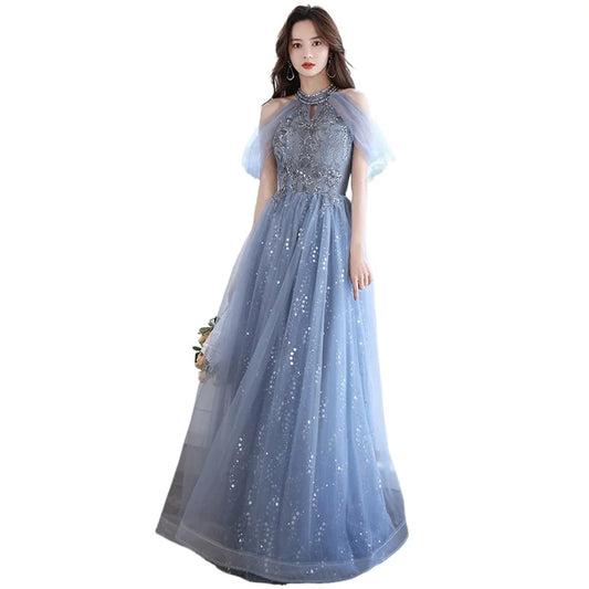French Halter Off Shoulder Sequined Sparking Long Formal Evening Gown Blue