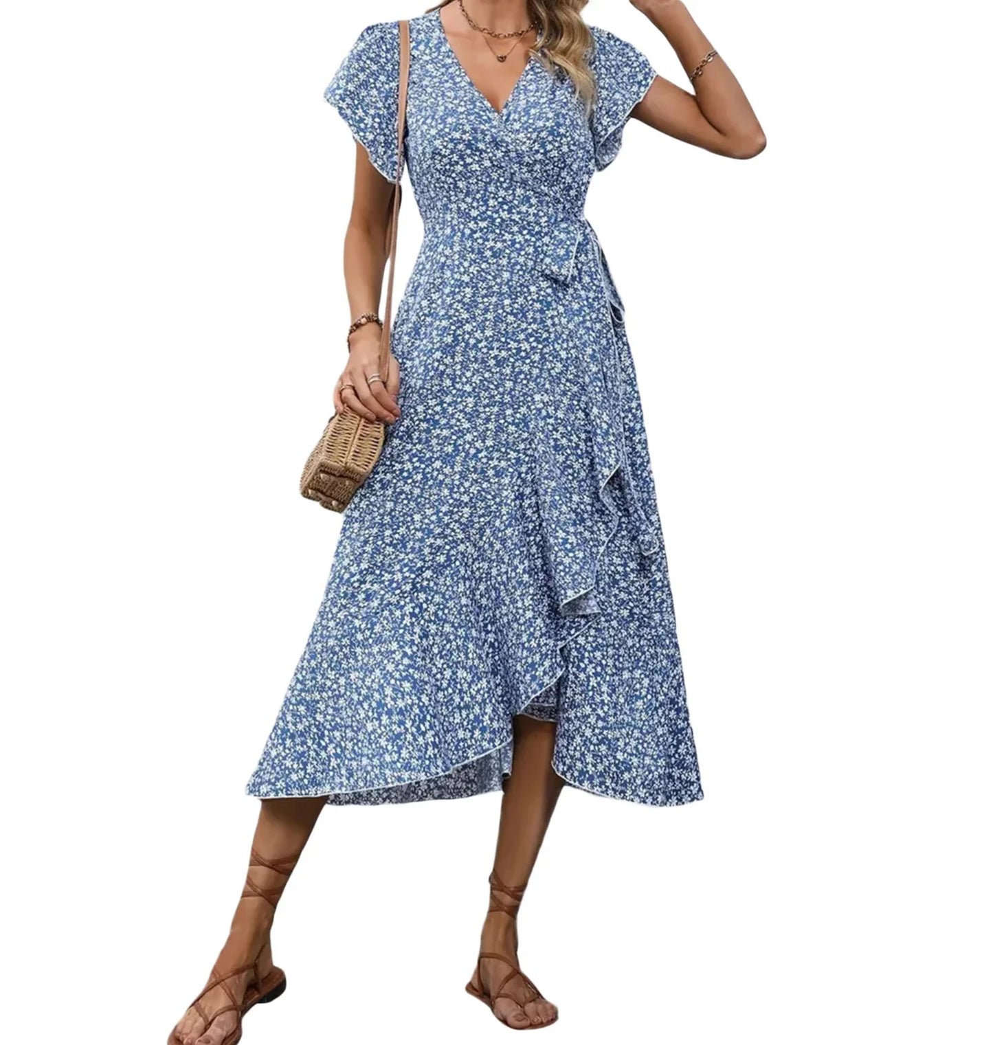 Women's Summer Flower Print Ruffle Dress Fashion Elegant Short Sleeve Wrap V Neck Tie Side Dresses