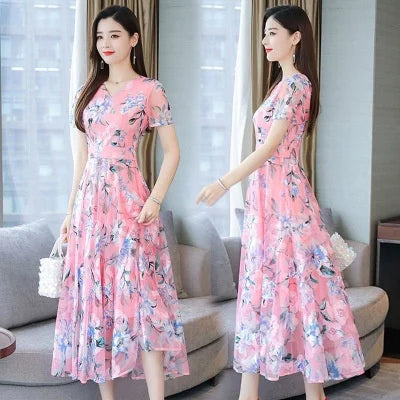 Summer Floral Dr V-Ne ort Sve Low Waist Ele Sle Ms F Casual Ciwalk Dr for Middle-Aged Women