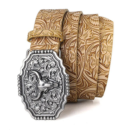 Western Cowboy Style Vintage Casual Belts - Ox Head Carved Buckle & Bohemian Print, Perfect For Daily Commute & Dating Outfits