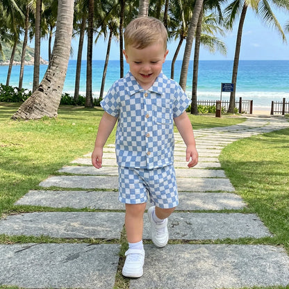 Toddler Baby Boys Summer Outfit Fashionable Plaid Short Sleeve Lapel Shirt with Shorts 2Pcs Set