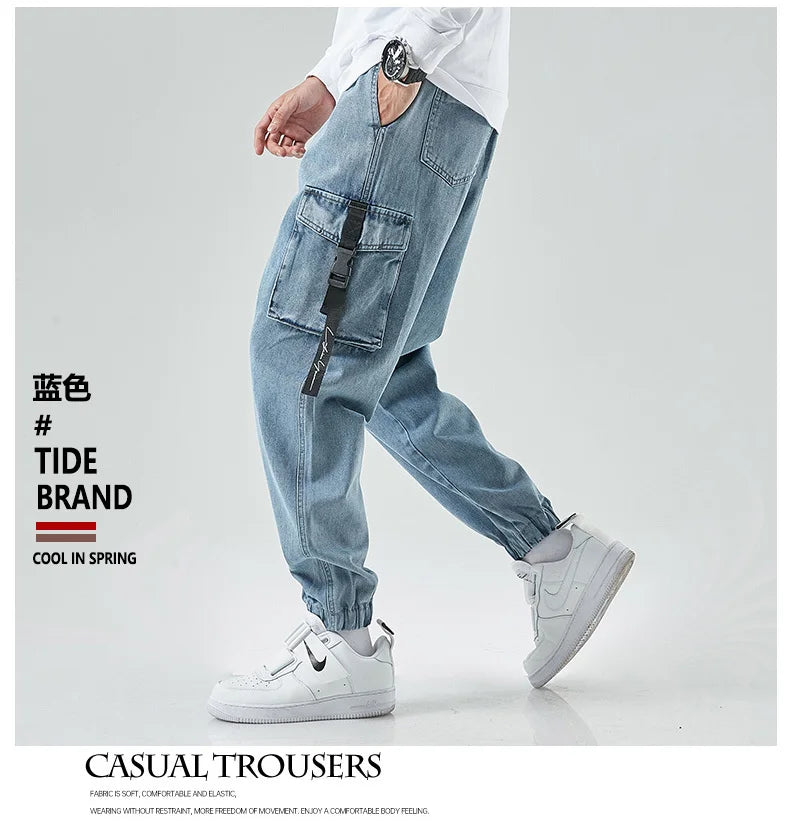Men Joggers Cargo Denim Pants Baggy Harem Japanese Streetwear Styke Male Ankle Harajuku Casual Hip Hop Jeans Trousers Men