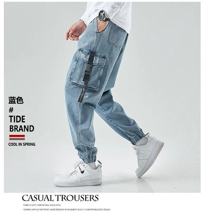 Men Joggers Cargo Denim Pants Baggy Harem Japanese Streetwear Styke Male Ankle Harajuku Casual Hip Hop Jeans Trousers Men