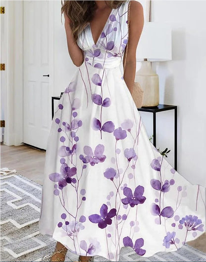 Summer Women Dress Fashion Sexy V-Neck Sleeveless Higt Waist Long Dresses Elegant Office Printing Holiday Party Dress Vestidos
