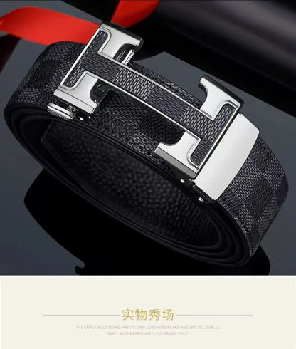 Check Pattern Leather Belt Automatic Buckle Young Fashion Casual Belt Trendy Ins Top Grain Cowhide High End Business