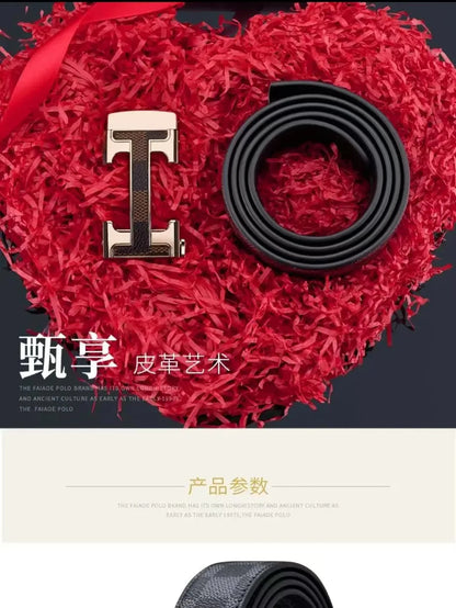 Check Pattern Leather Belt Automatic Buckle Young Fashion Casual Belt Trendy Ins Top Grain Cowhide High End Business