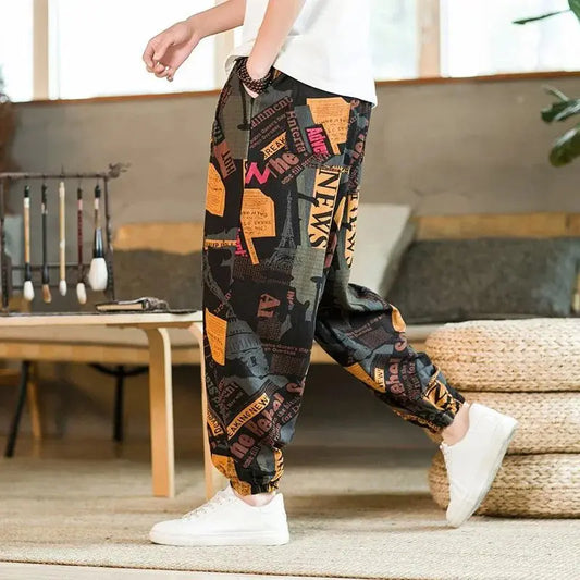 Spring and Summer Chinese Men Loose Printed Beach Thin Over-knee Casual Trousers