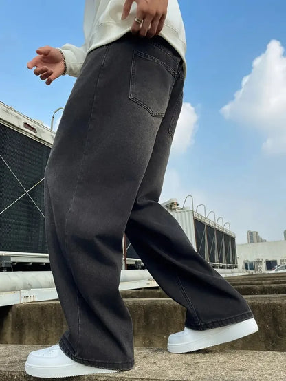 1Pc Men's Daily Travel Casual American Street Loose Jeans, Black, Light Blue, Sea Blue Fashion Street Style Retro Lantern Jeans Jeans Denim Pants