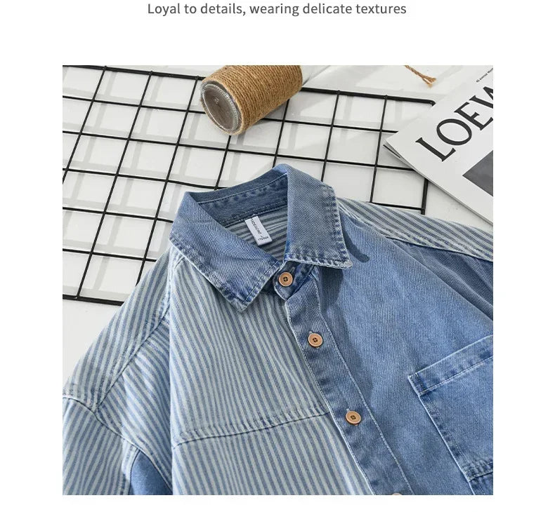 Summer New Short Sleeve Denim Shirt Men High Street Jean Tops Stripe Patchwork Designer Shirts Youth Korean Fashion Men Clothing