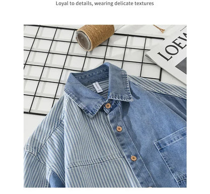 Summer New Short Sleeve Denim Shirt Men High Street Jean Tops Stripe Patchwork Designer Shirts Youth Korean Fashion Men Clothing