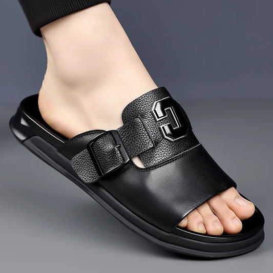 Men Outwear Genuine Leather Slippers for Men Fashion Buckle Designer Summer Flip-flops Male Casual Non-slip Beach Shoes Man