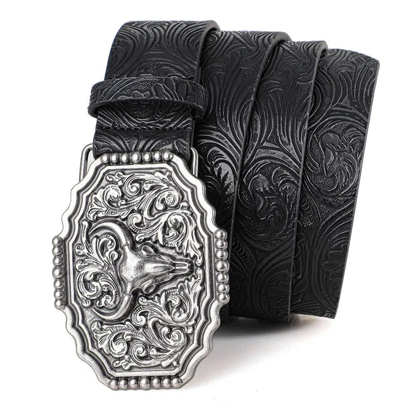 Western Cowboy Style Vintage Casual Belts - Ox Head Carved Buckle & Bohemian Print, Perfect For Daily Commute & Dating Outfits