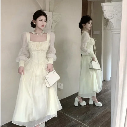 Elegant Princess Party Dress Women High Waist A-line Lace Up Autumn Spring French Vintage Prom Robe Fairy Vestidos Mujer Платье