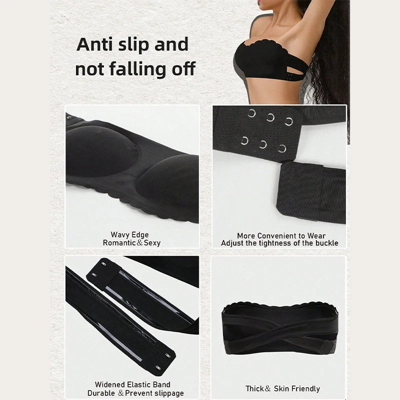 Women's Sexy Strapless Wavy Trim Bandeau Bra Seamless Backless With Side Clasp Ice Silk Top Women Anti-slip Off-shoulder Bra