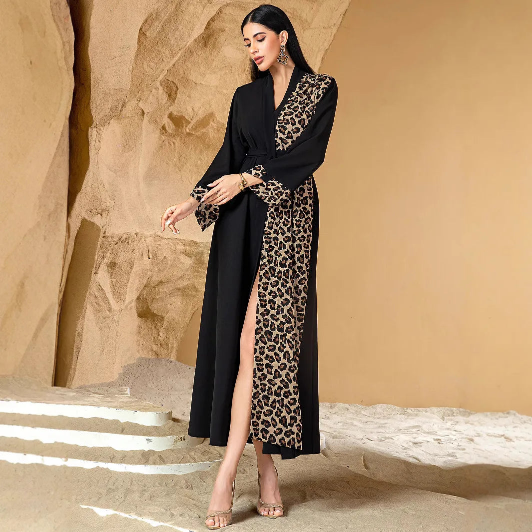 Women's Leopard Spliced V-neck Long Sleeve Ankle Length Cardigans with Sashes Middle East Female Plus Size Clothes Abaya Dress