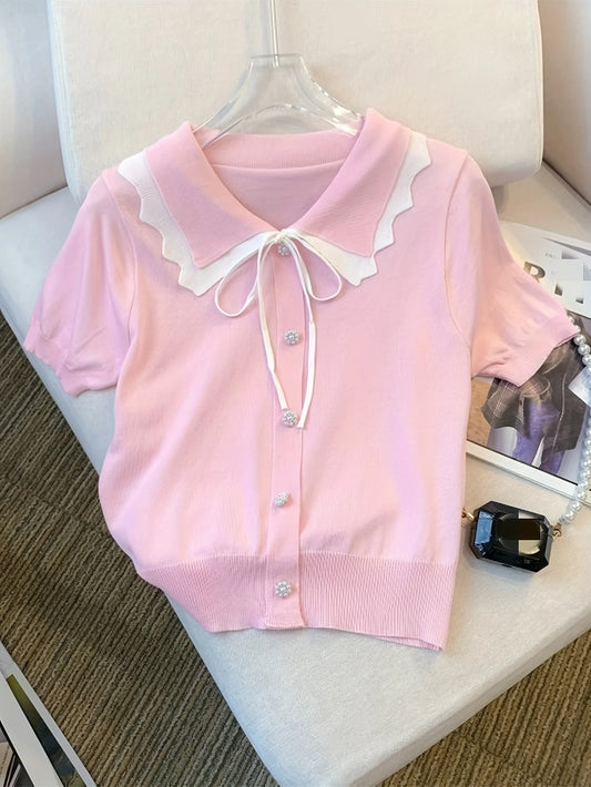 Elegant Short Sleeve Sweater with Lace Up Contrast Trim - Women's Clothing