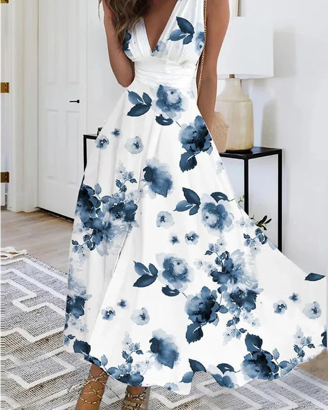 Summer Women Dress Fashion Sexy V-Neck Sleeveless Higt Waist Long Dresses Elegant Office Printing Holiday Party Dress Vestidos
