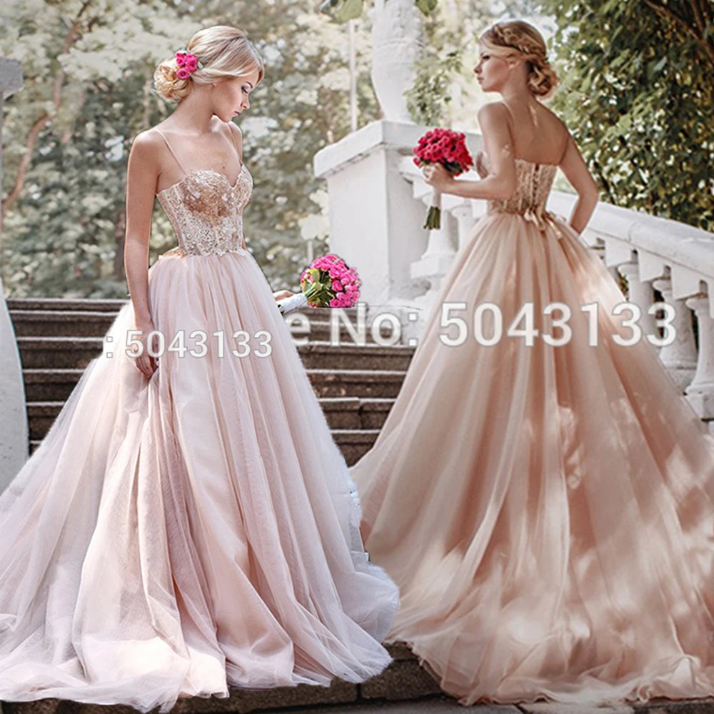 Customized Spaghetti Straps Blush Pink Tulle Wedding Dresses Sequin Lace Sleeveless Bridal Gowns Off Shoulder  de Noiva