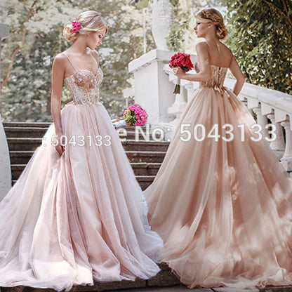 Customized Spaghetti Straps Blush Pink Tulle Wedding Dresses Sequin Lace Sleeveless Bridal Gowns Off Shoulder  de Noiva