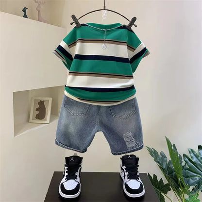 Boys Summer 2026 New Boutique Design Outfits Cotton Set Baby Boys Short Sleeve Shirt Jeans Shorts 2pcs Clothing Children 6 7 8Y