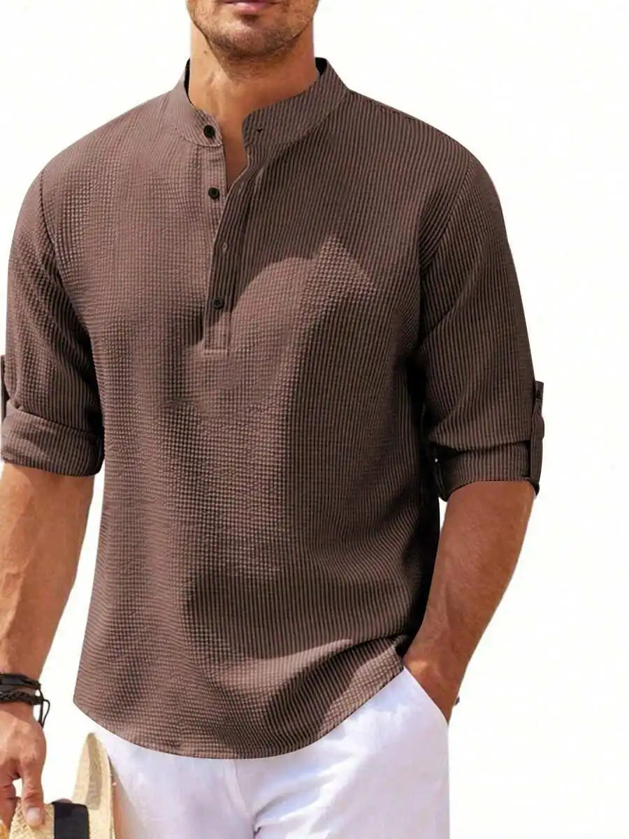 Men's Short Sleeve Henley Shirt, Striped Waffle Knit, Lightweight & Breathable for Summer Casual Wear