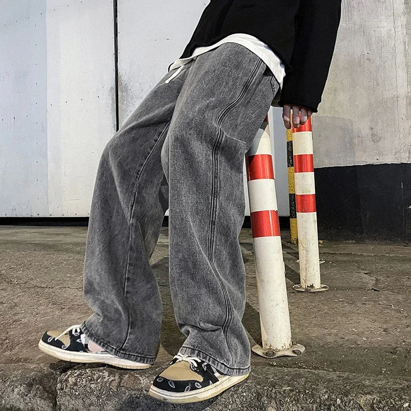 2025 New Streetwear Loose Jeans Men Korean Style Fashion Loose Straight Wide Leg Pants Men's Brand Clothing Black Light Blue 3XL