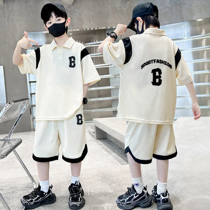 Boys Summer Clothing Set 2025 New Casual Cotton Turn Down Collar Polo Shirt & Shorts Two Piece Suit Teenage Clothes Tracksuit
