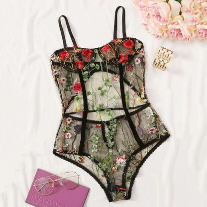 Bodysuit Women Temptation Embroidery Intimates Teddy Sexy Sheer Mesh Sleepwear Jumpsuit Seamless Underwear Sex Erotic Pajamas