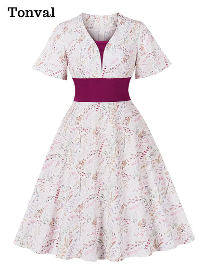Tonval V-Neck Floral Contrast Purple High Waist Summer Dresses Holiday Women Flare Sleeve A-Line Party Birthday Beach Dress