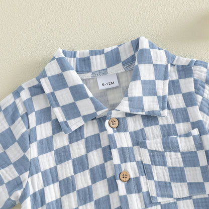 Toddler Baby Boys Summer Outfit Fashionable Plaid Short Sleeve Lapel Shirt with Shorts 2Pcs Set