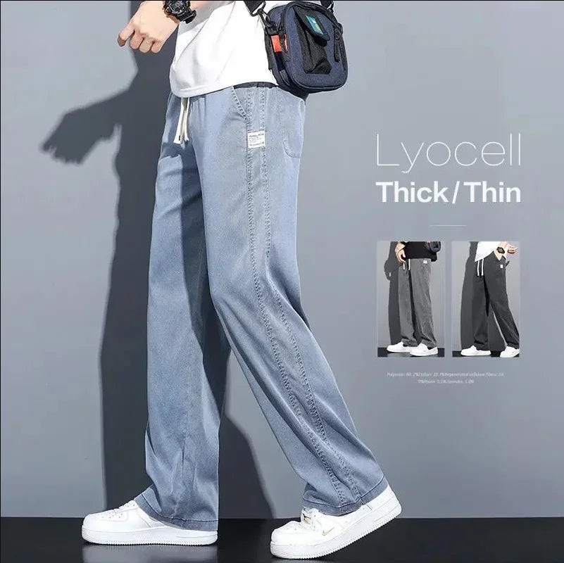 2025 Summer New Soft Lyocell Fabric Men's Jeans Thin Loose Straight Leg Pants Drawstring Elastic Waist Korean casual pants