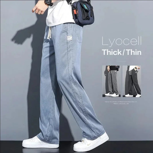 2025 Summer New Soft Lyocell Fabric Men's Jeans Thin Loose Straight Leg Pants Drawstring Elastic Waist Korean casual pants