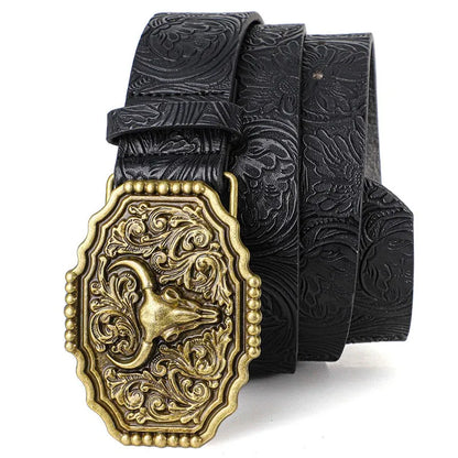 Western Cowboy Style Vintage Casual Belts - Ox Head Carved Buckle & Bohemian Print, Perfect For Daily Commute & Dating Outfits