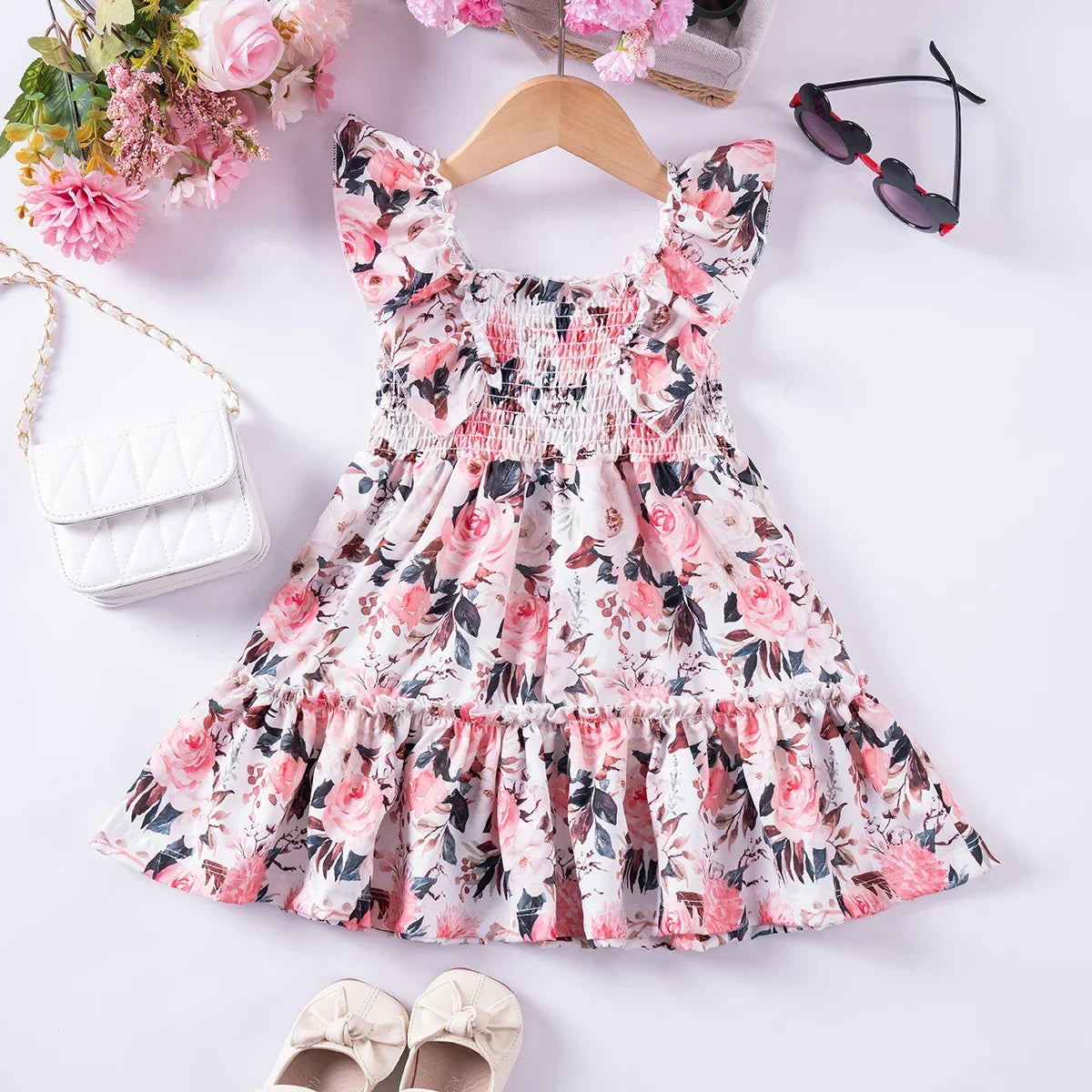 Summer Girls New Flying Sleeve Dress Floral Print Skirt Fashionable Versatile Square Neck Dress