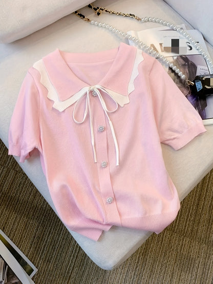 Elegant Short Sleeve Sweater with Lace Up Contrast Trim - Women's Clothing